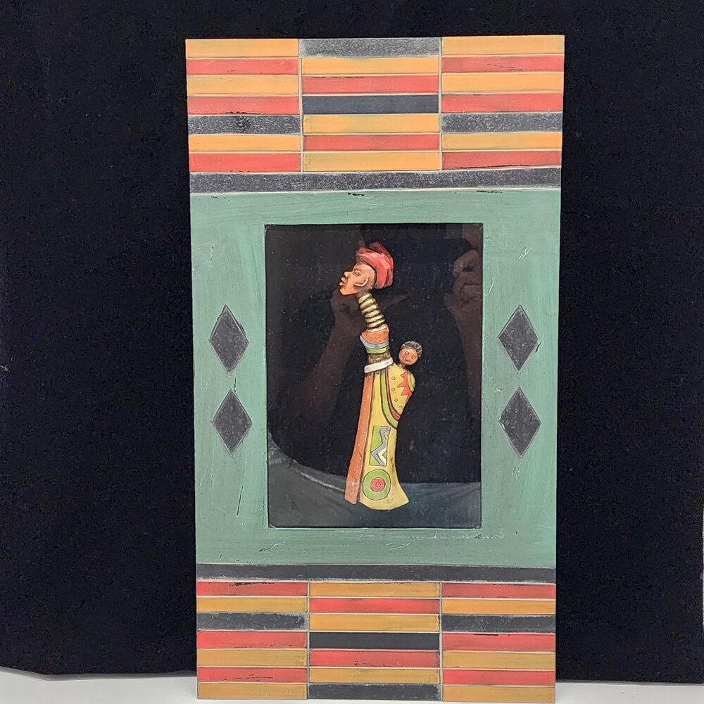 Vintage African Lady Wall Decor 3D Framed in Glass Wooden Shadow Box 21.5”